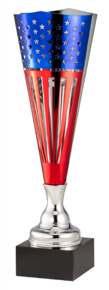 Metal cup with an American flag design on a black base