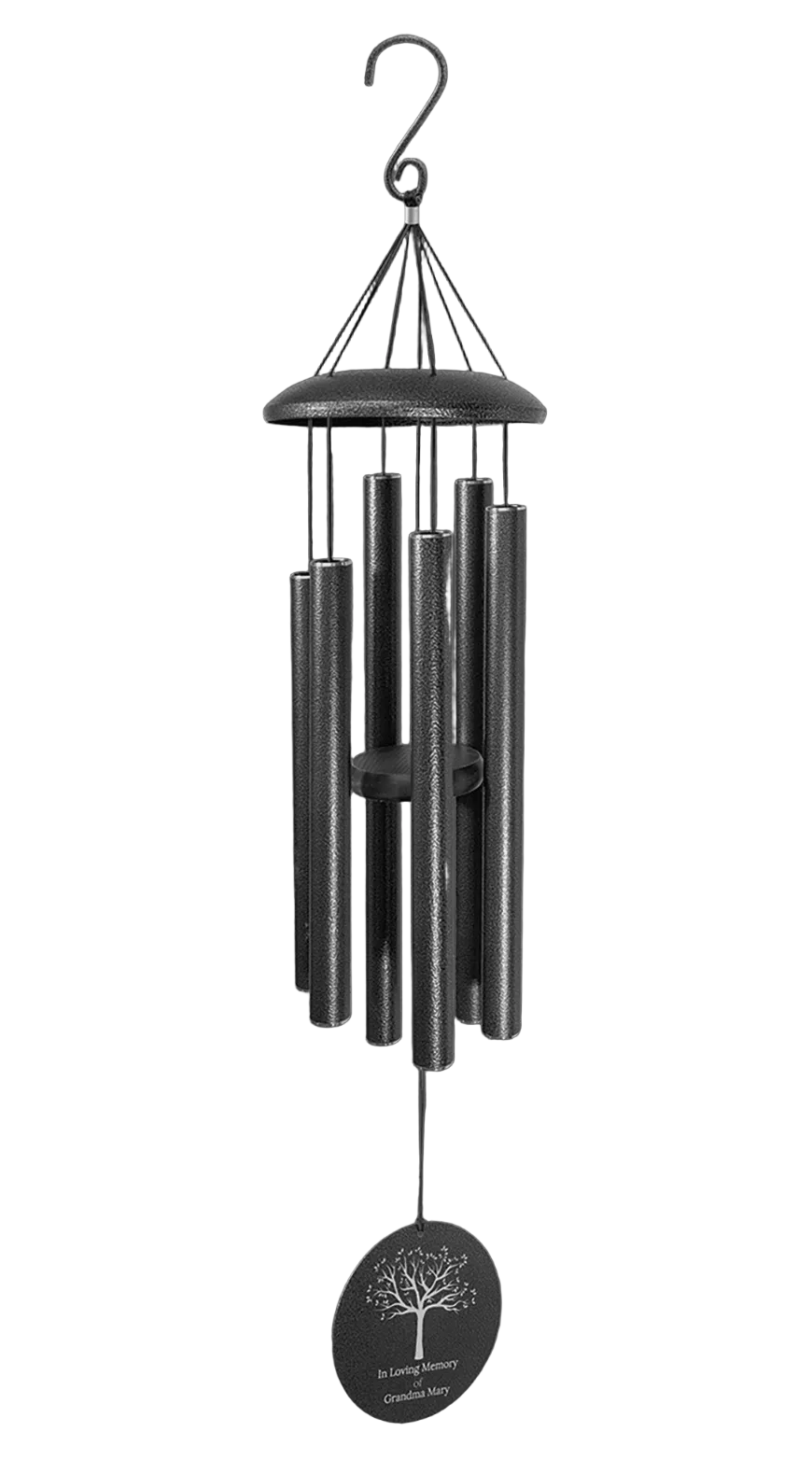 Black wind chime with hanging hook on a white background