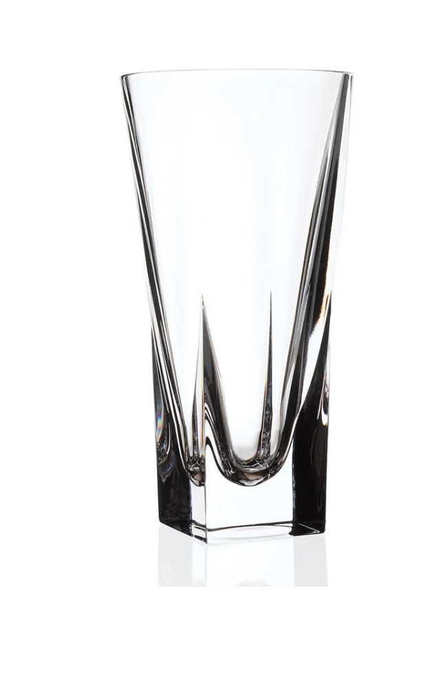 Clear glass vase with a unique design on a white background