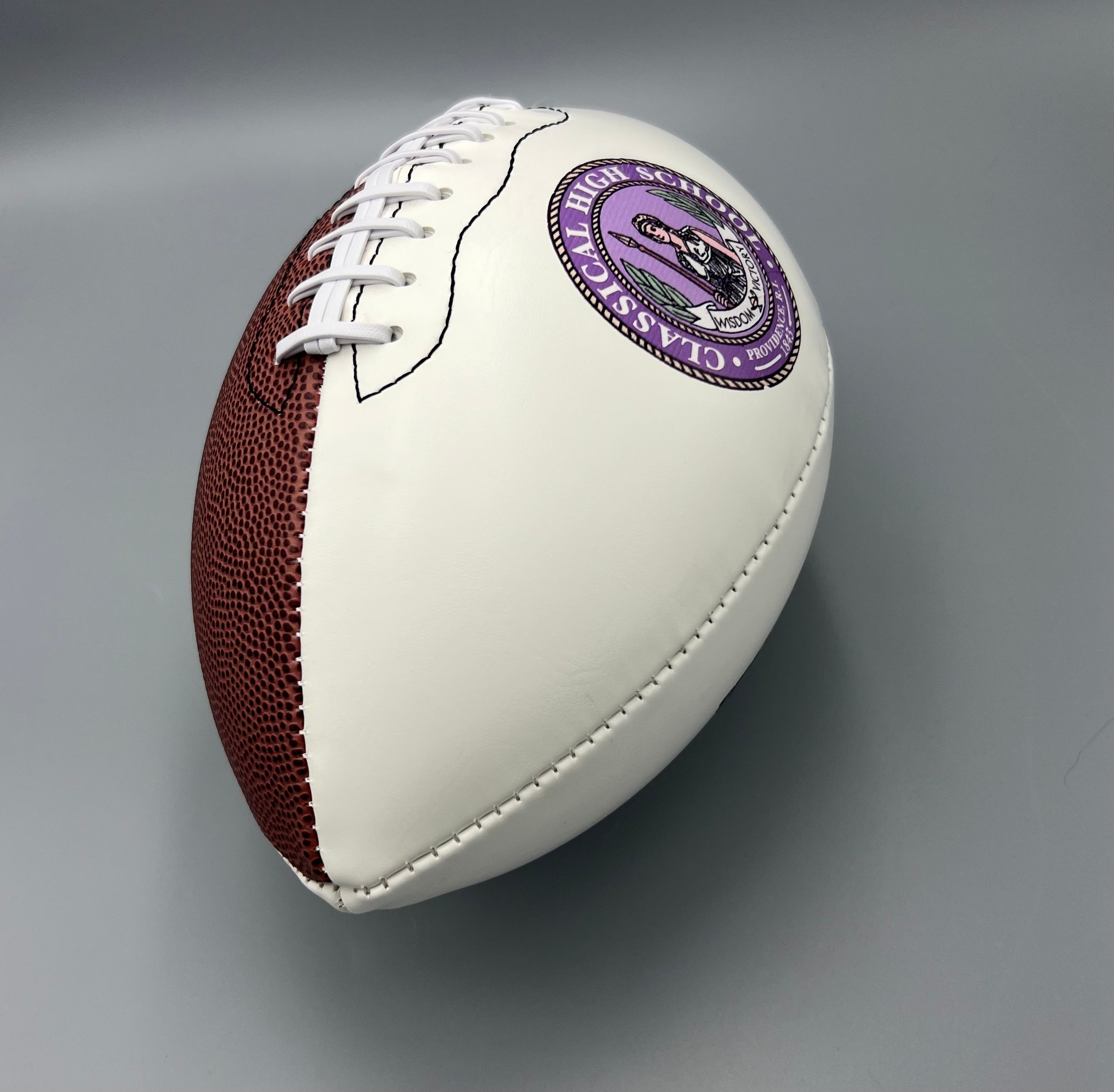 Regulation size football with a logo printed