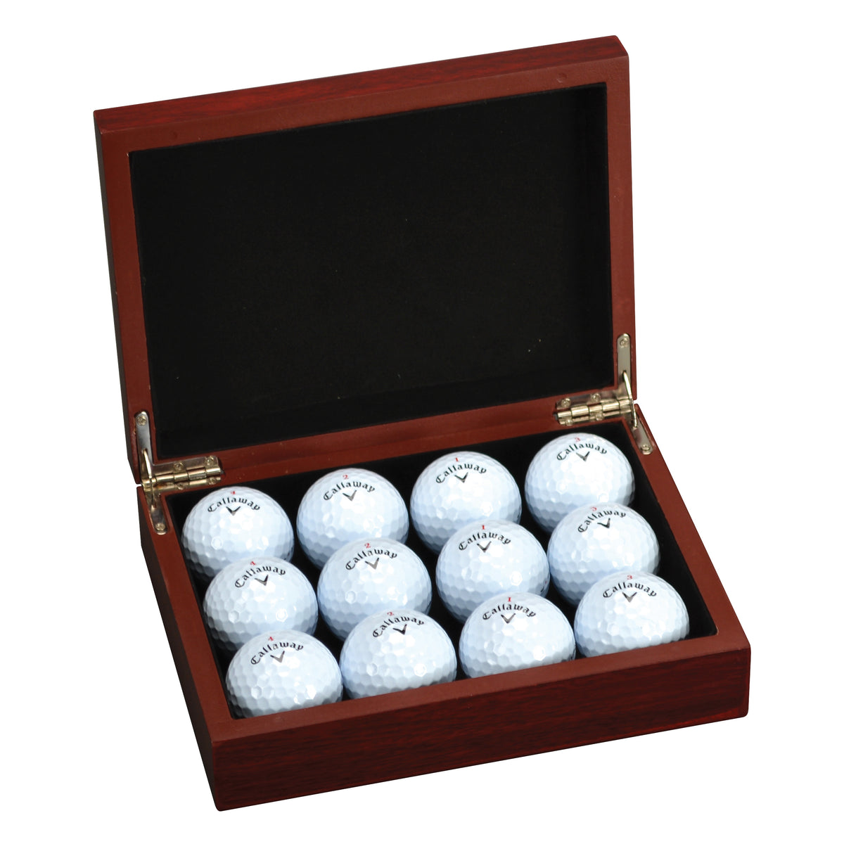 Opened Rosewood box with golf balls