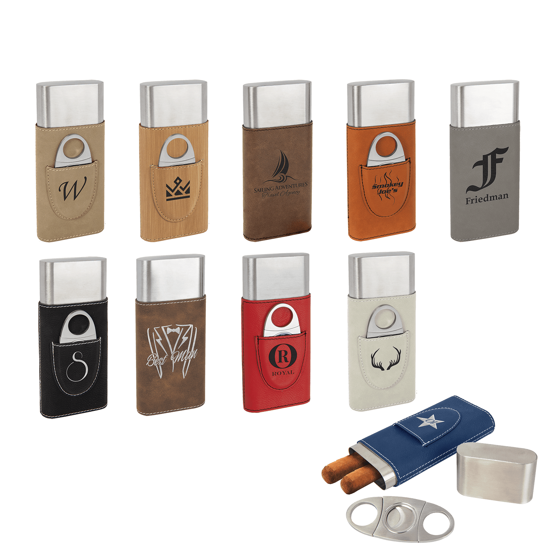 A collection of leatherette cigar cases with cutters, available in various colors, some with personalized engravings.