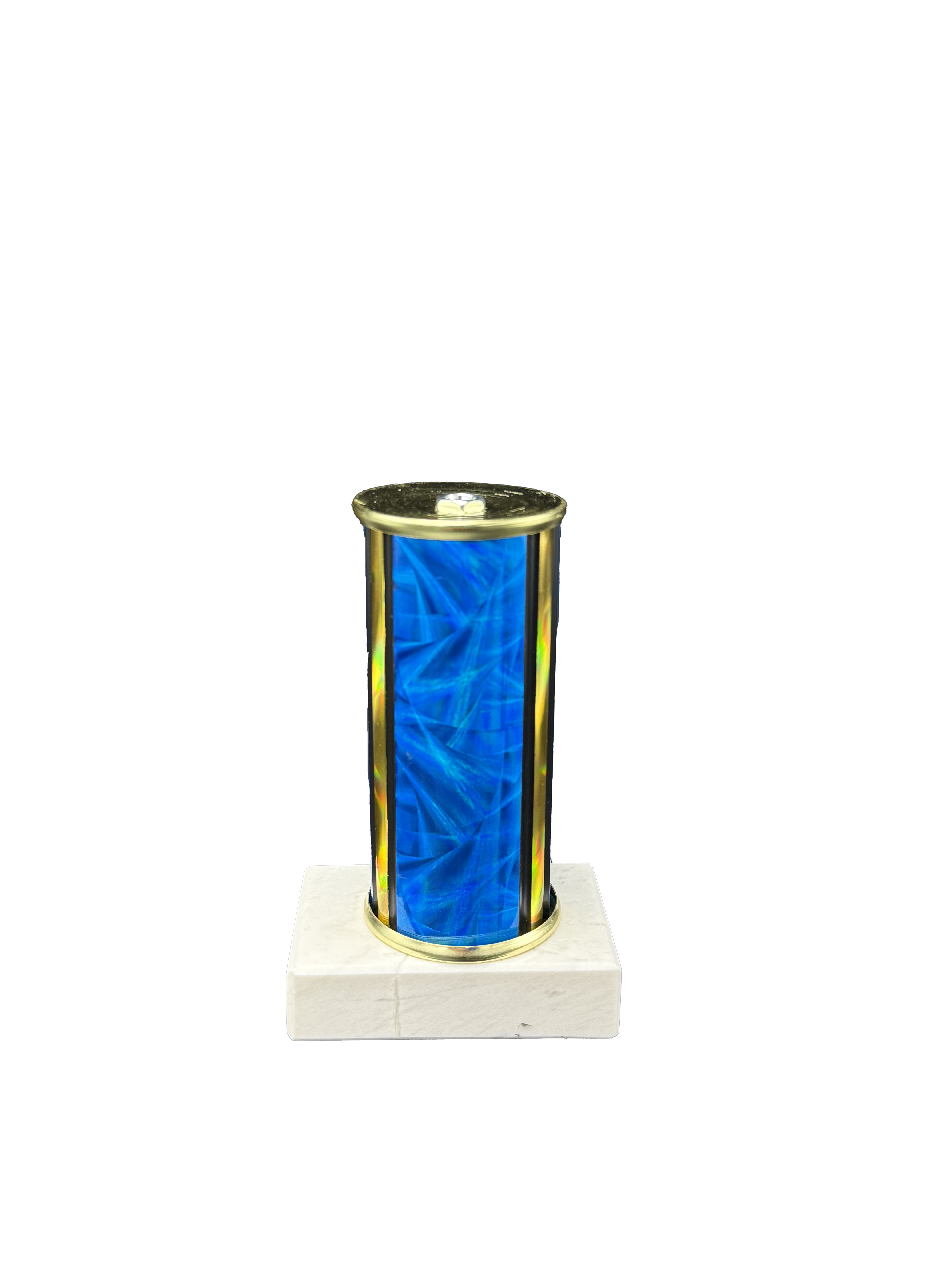 Tall cylindrical trophy column and gold rim on a white background