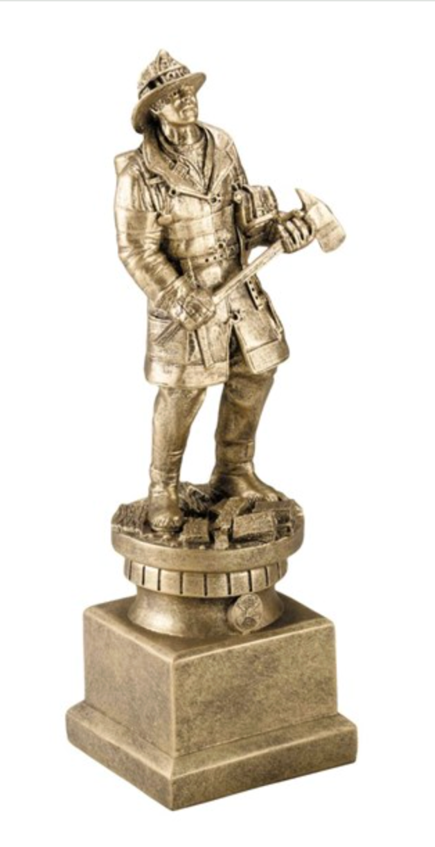 Bronze statue of a firefighter holding a hose