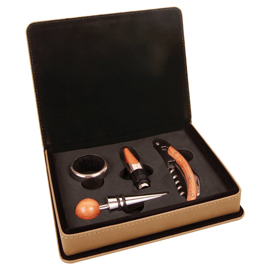 A 4-piece wine tool set with leatherette carrying case, including a corkscrew, stopper, and decanting pourer.