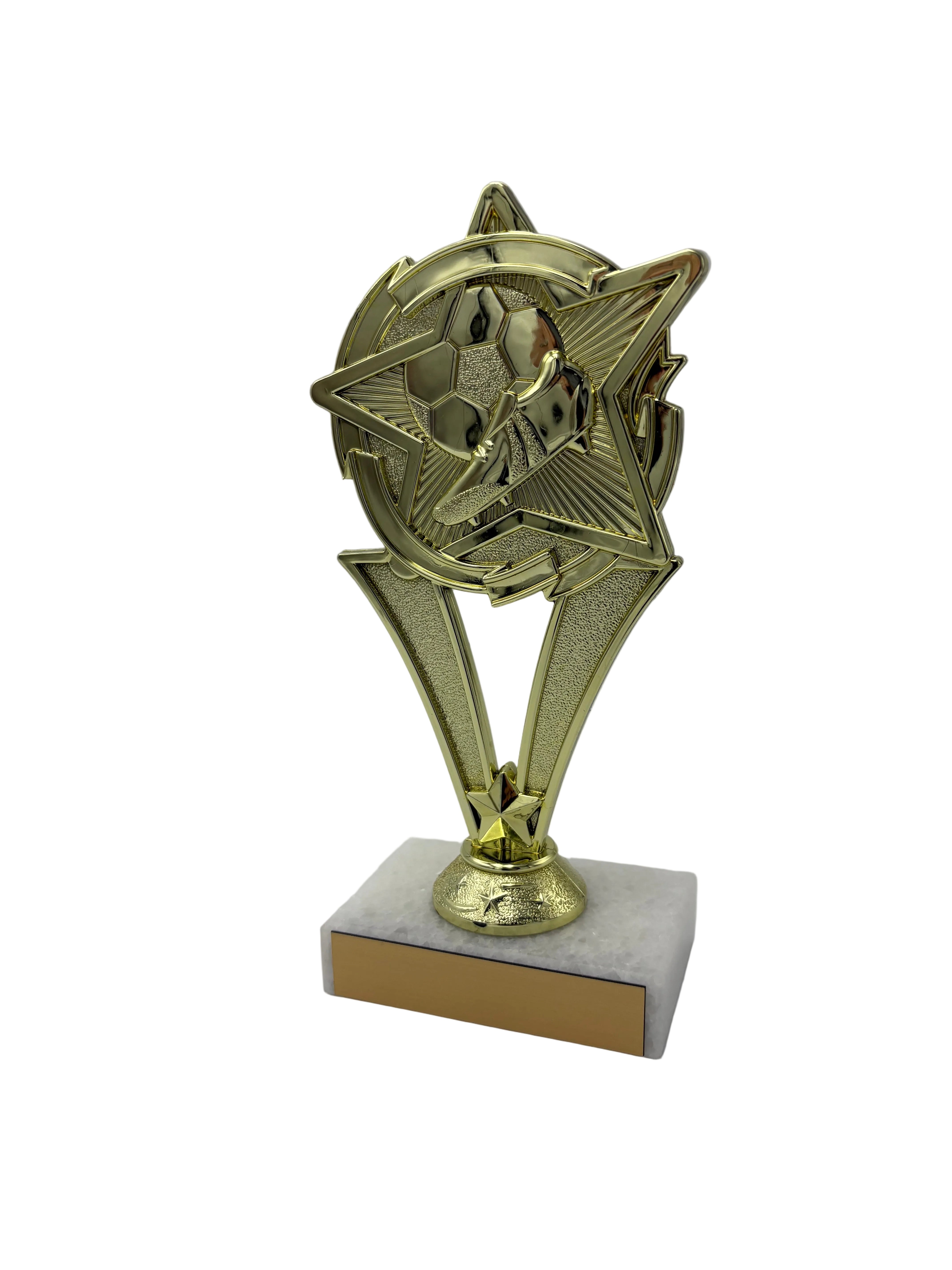 Gold metallic soccer ball with soccer boot design on a white background