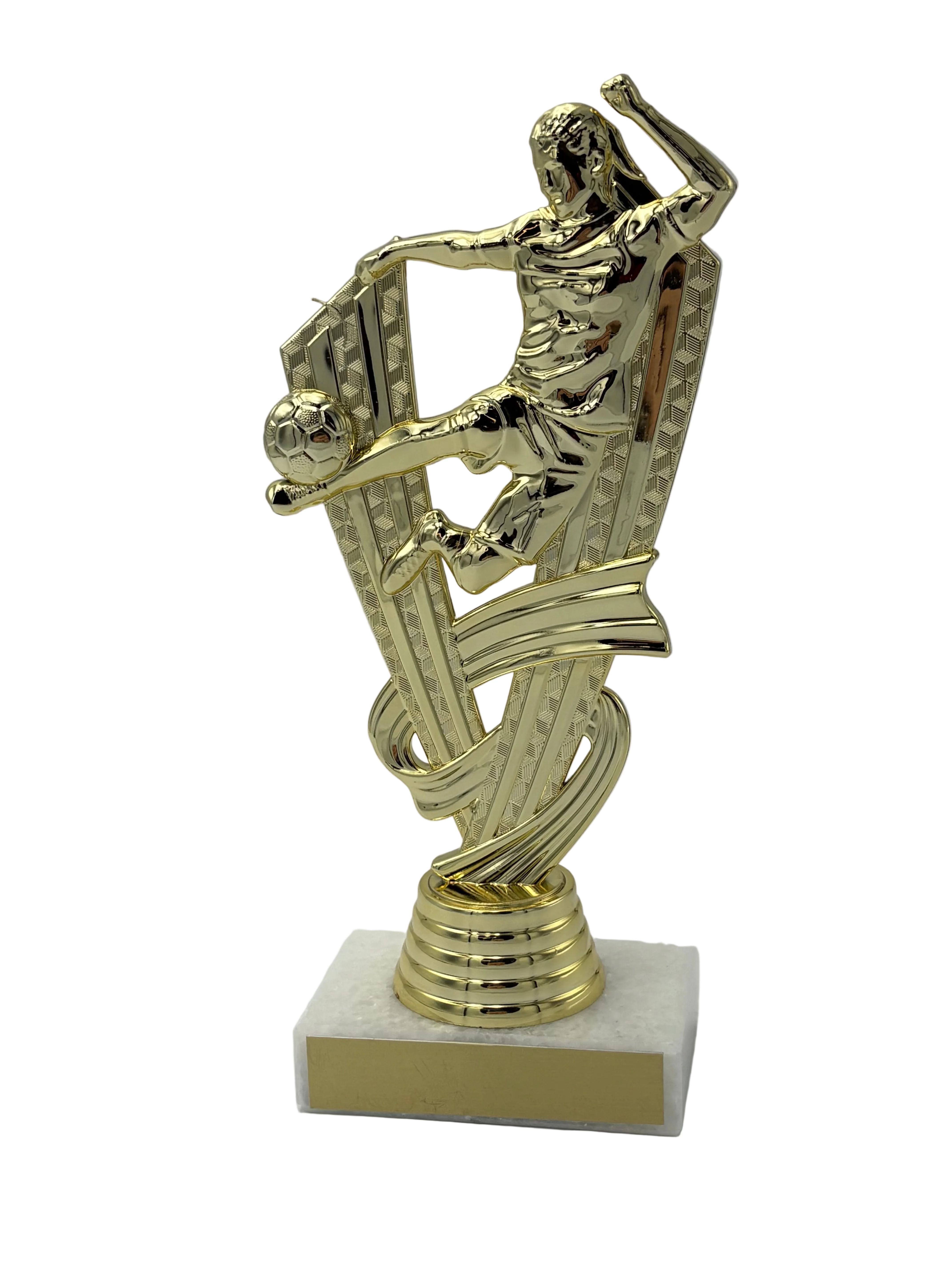 Gold female soccer trophy figure on white marble
