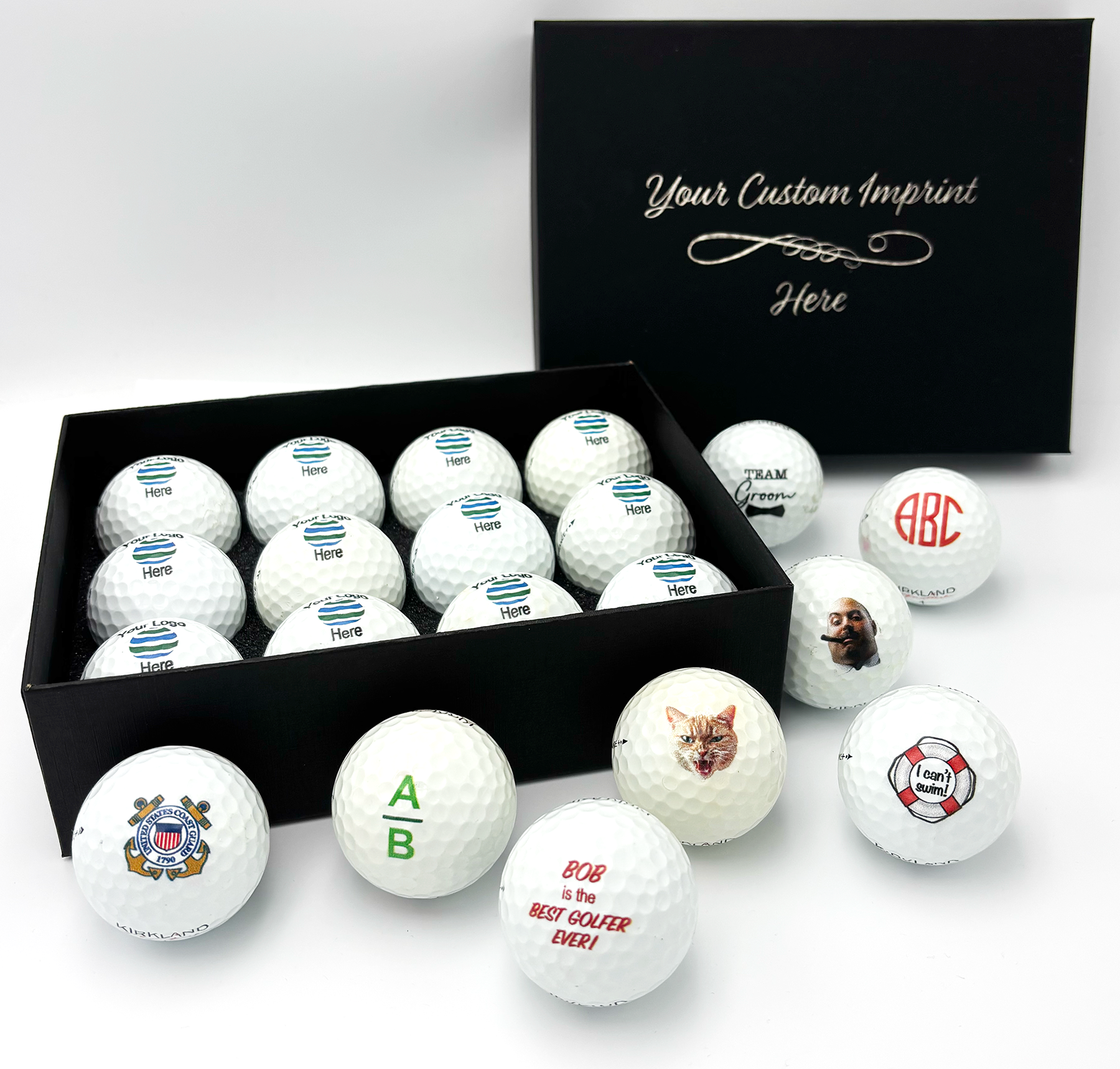 Personalized golf balls with various designs in front of a black box with 'Your Custom Imprint Here' text.