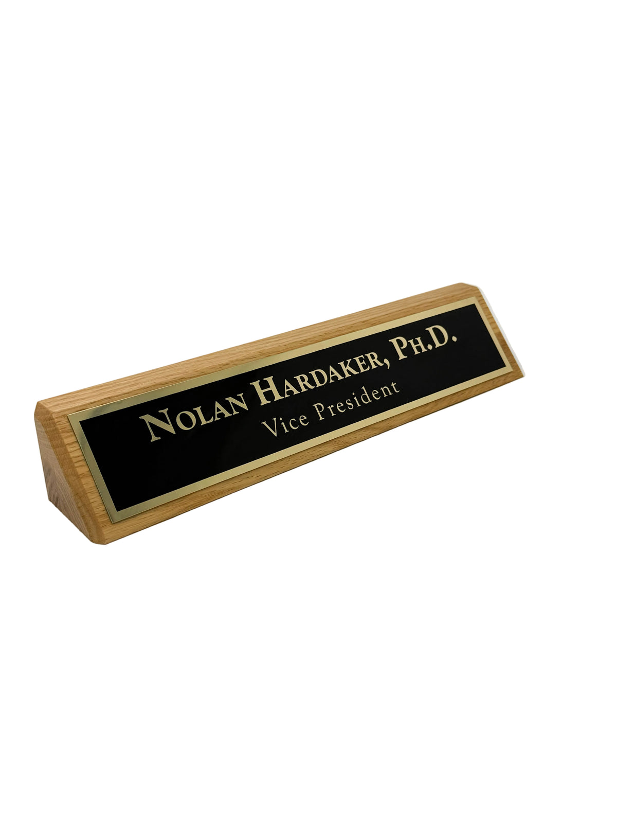 Oak desk wedge with engraved black plate