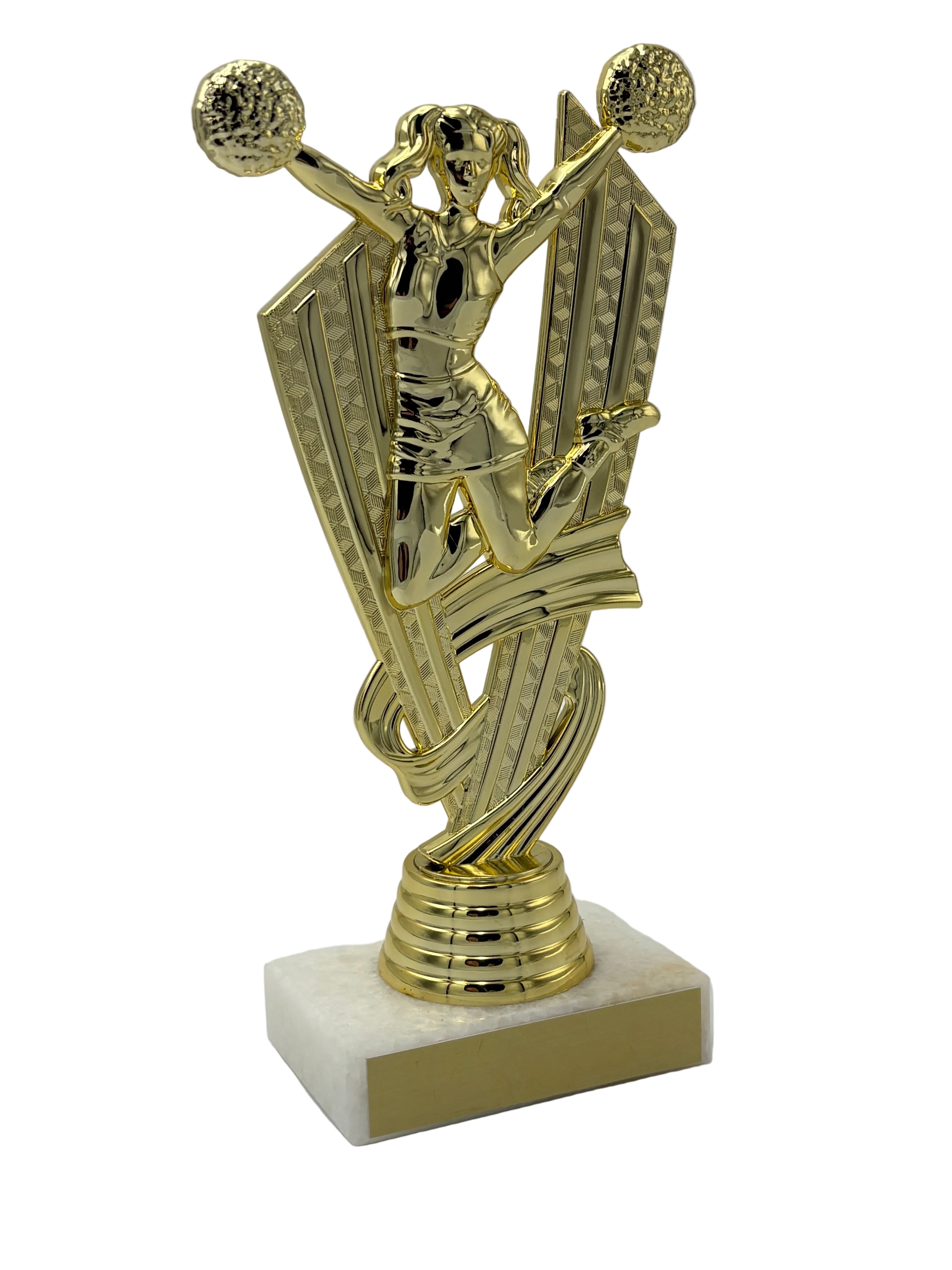 Gold cheerleading trophy figure holding on white marble