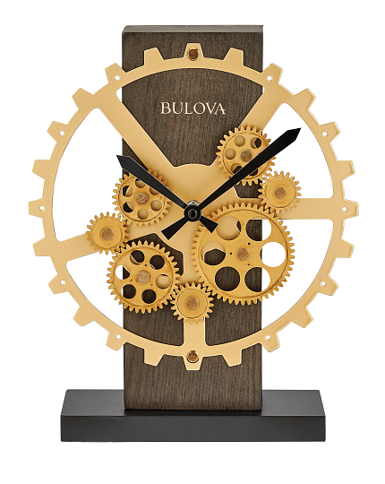 Bulova  Cog clock with gold gears on a wooden base