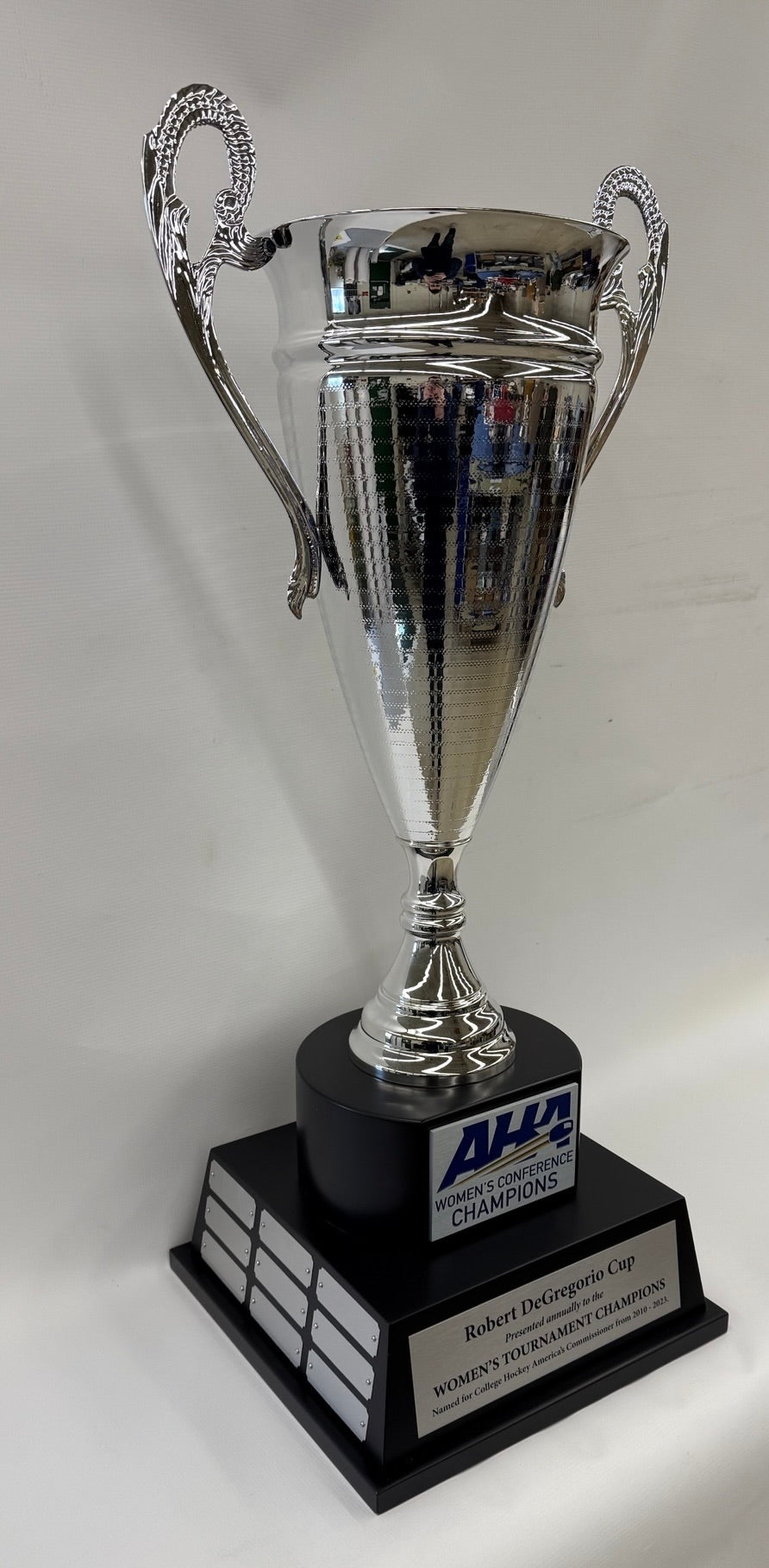 Giant silver cup on black wood base