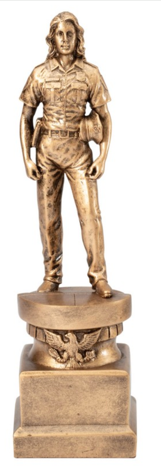 Bronze statue of a female police officer on a pedestal 