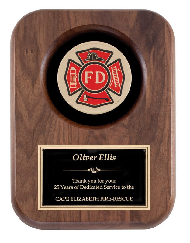 Wooden plaque with a fire department logo and personalized text on a white background