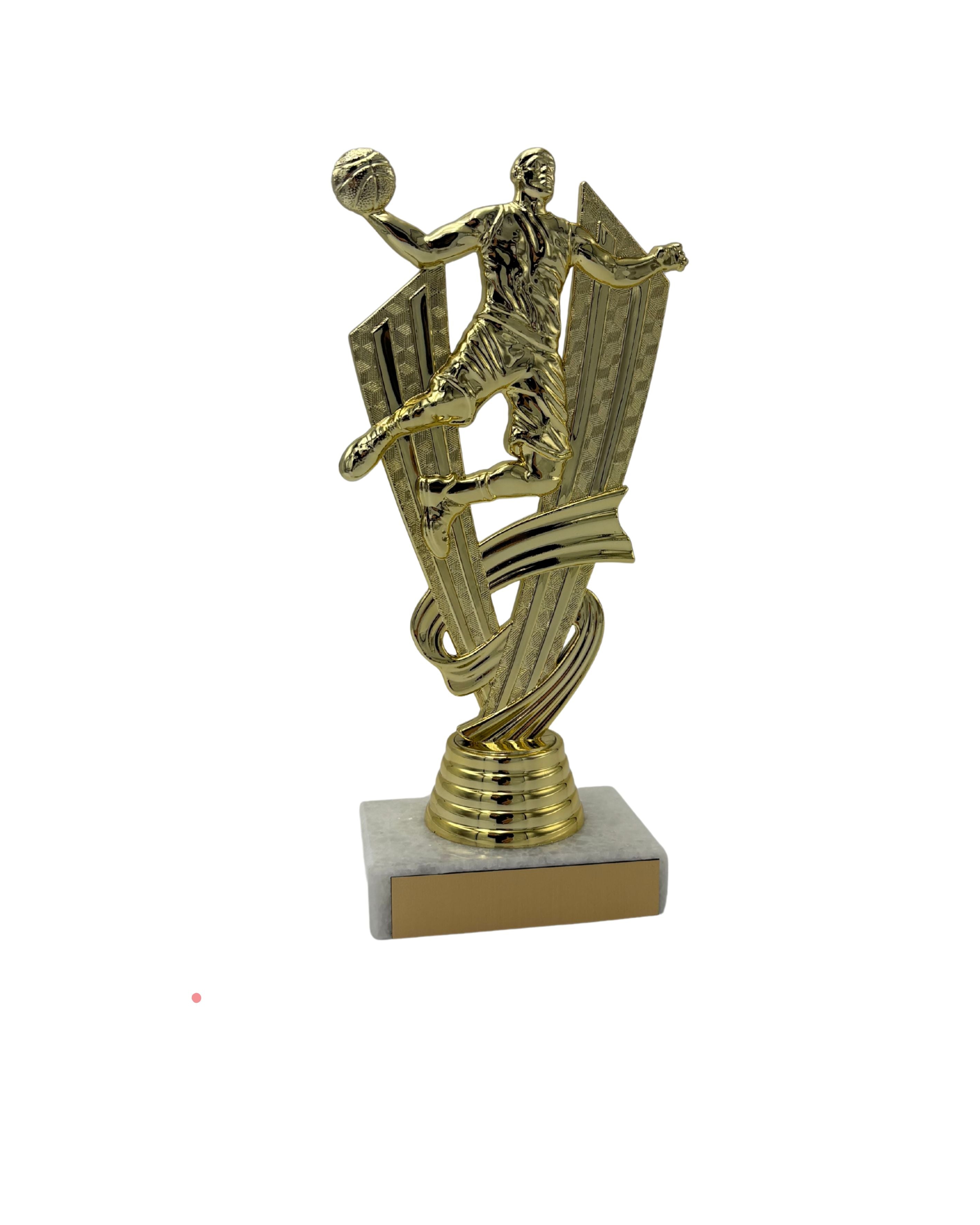 Gold sports trophy with a figure holding a ball on a white background