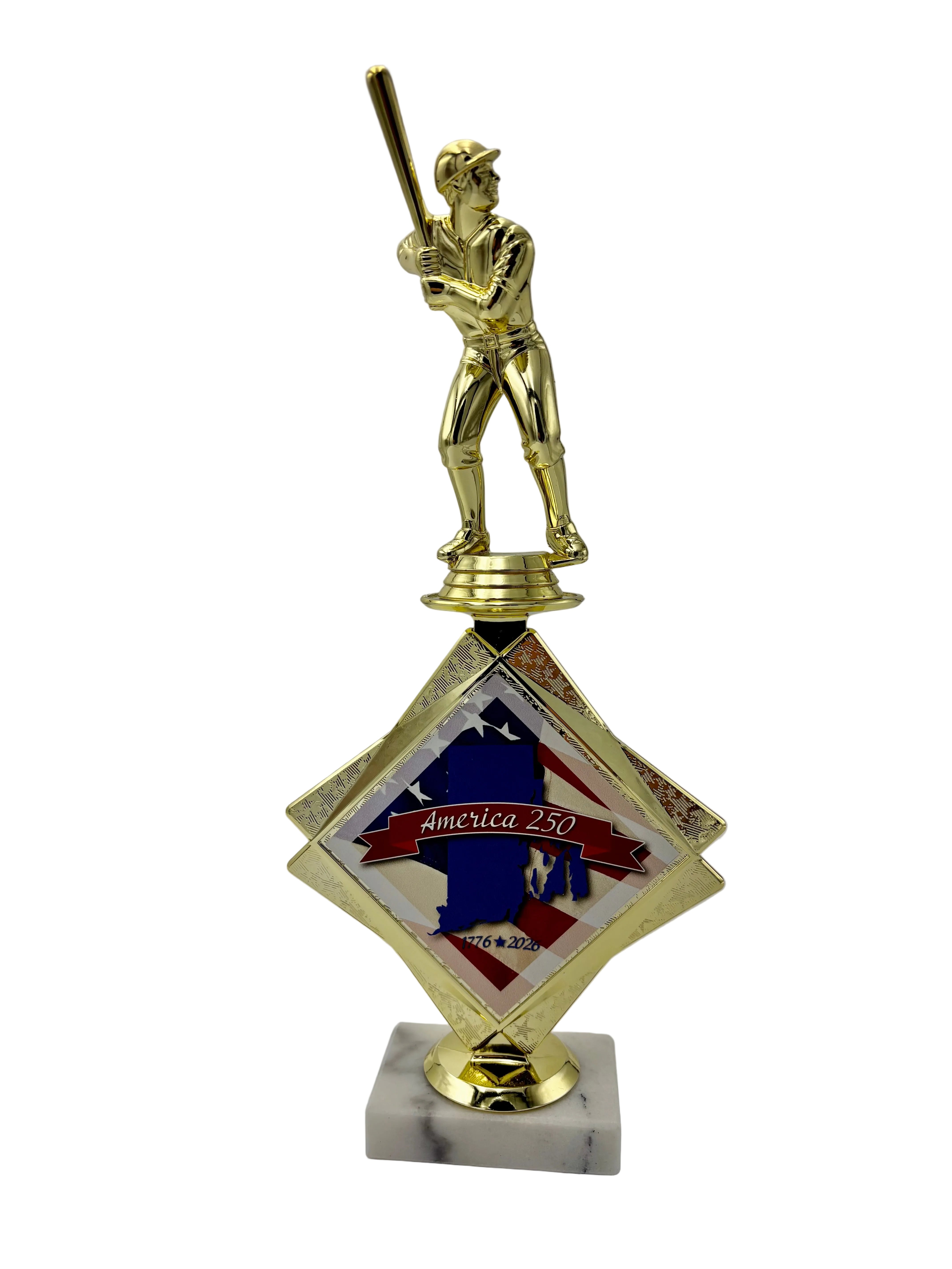 Gold baseball trophy with a player figure on a gray background