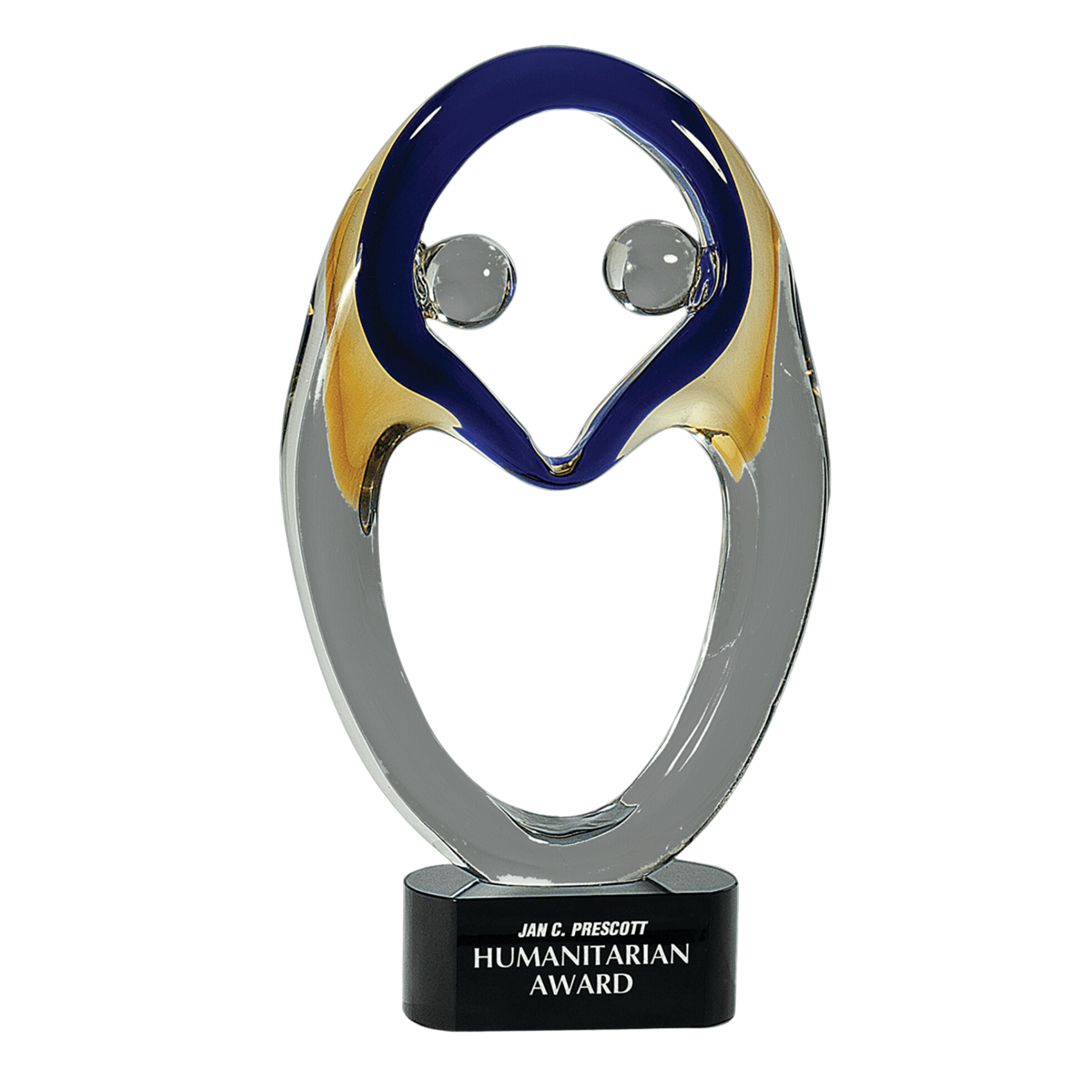 Art glass sculpture award with a black glass base and an engraved black plate, featuring blue, gold, and silver colors.