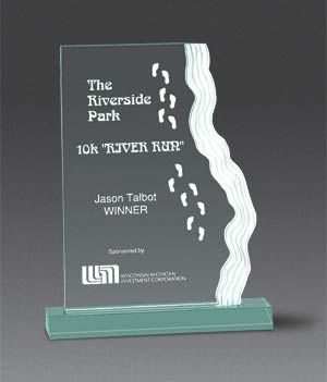 Jade acrylic award with text and a river design 