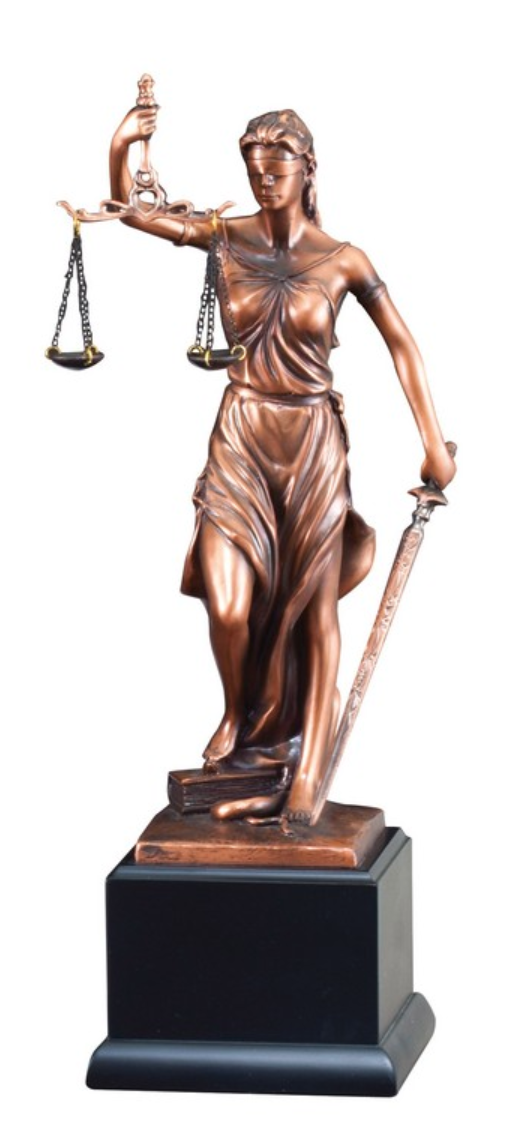 A bronze sculpture of Lady Justice, the symbolic figure associated with the legal system, holding a scale and a torch.
