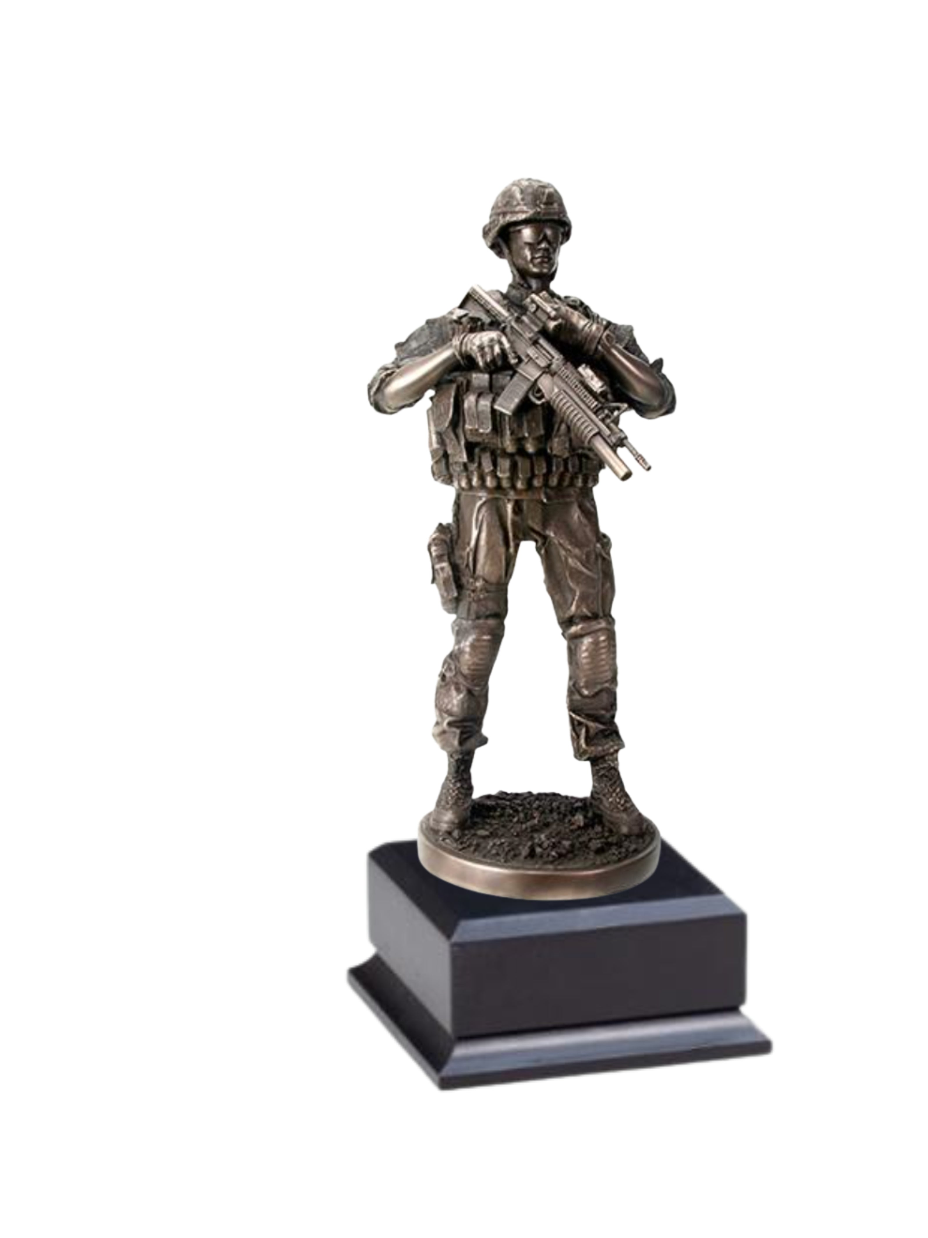 Bronze statue of a soldier holding a rifle on a black base against a white background