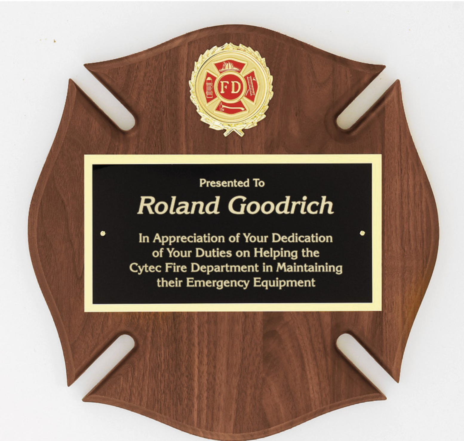 Wooden  Maltese cross plaque with a gold emblem and text, 