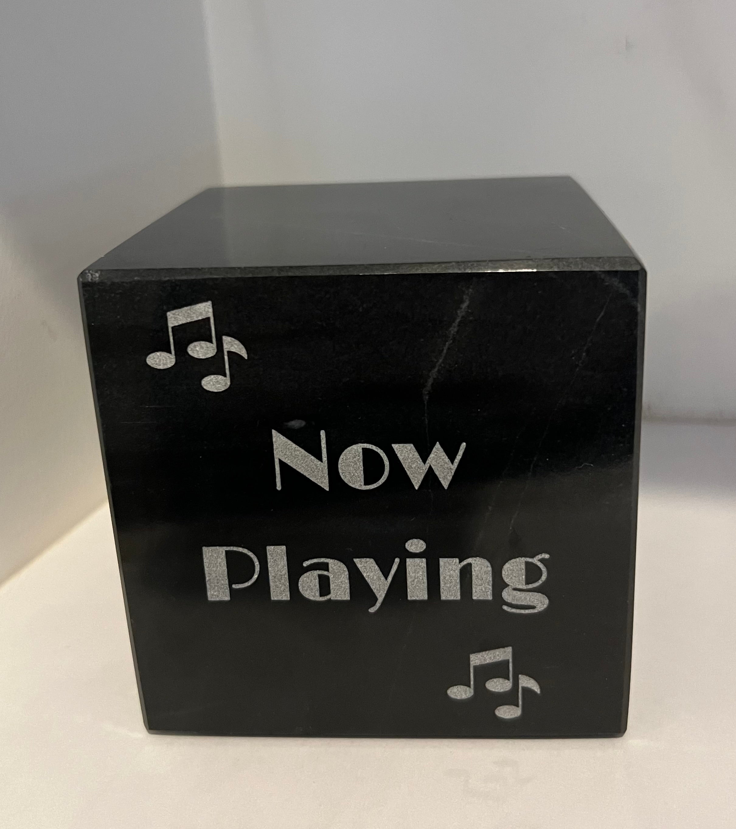 Solid 4 x 4 marble block to hold up record albums engraved with Now Playing