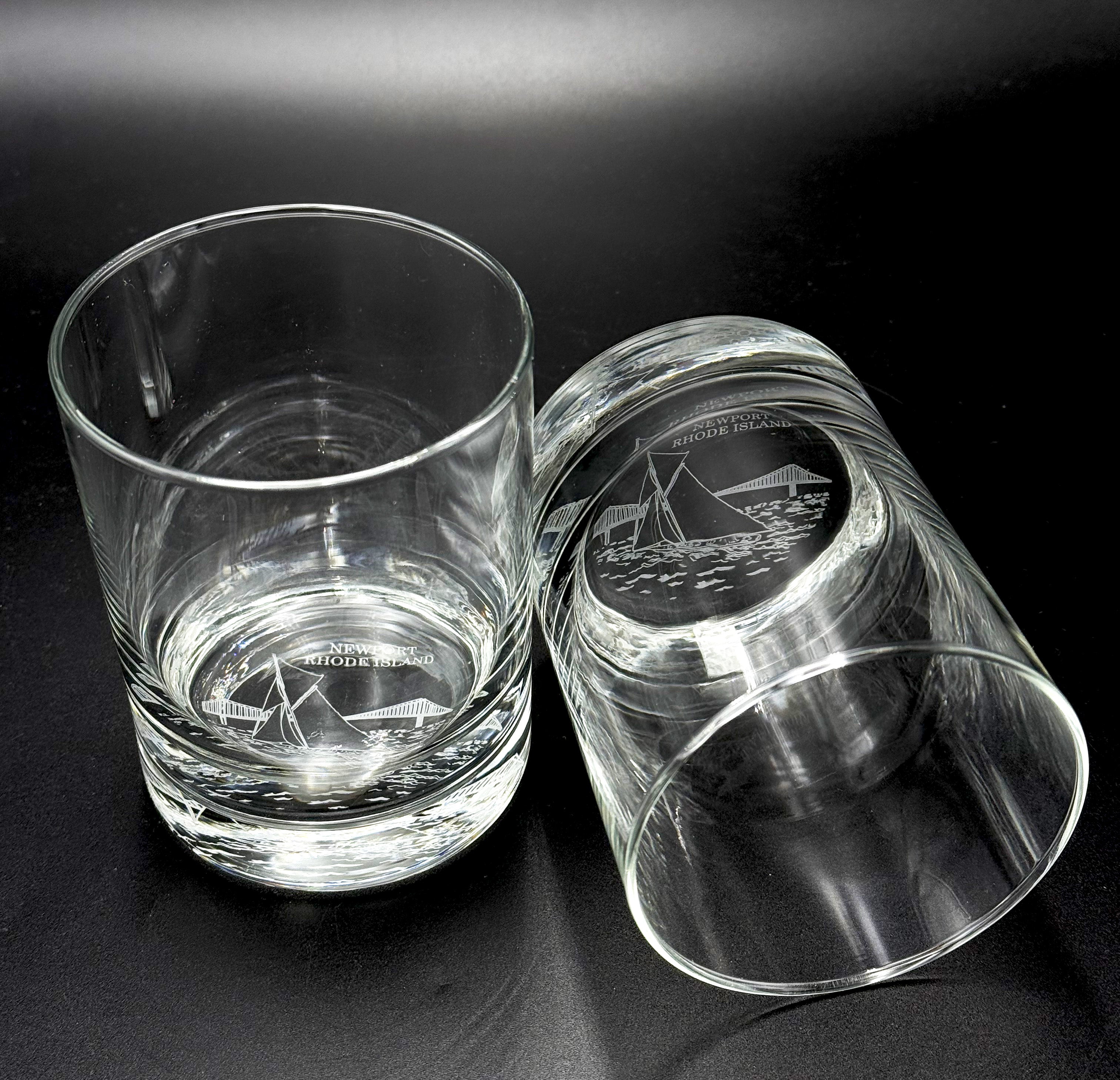Double Old fashion glasses with Newport Bridge etched into the bottom