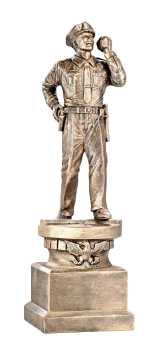 Bronze statue of a policeman speaking into a radio