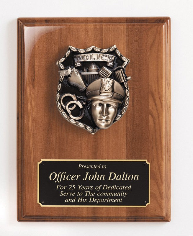 Wooden plaque with police emblem and engraved text on a heavy lacquered plaque