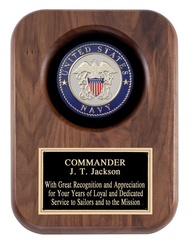 Wooden plaque with U.S. Navy emblem and personalized text on a white background