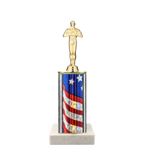 Single post Trophy with American flag design and gold statue on a white background
