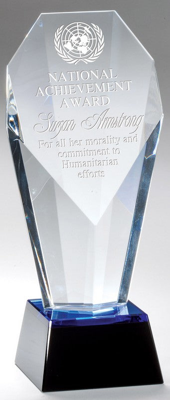 Crystal award with with a slant face on a black crystal base