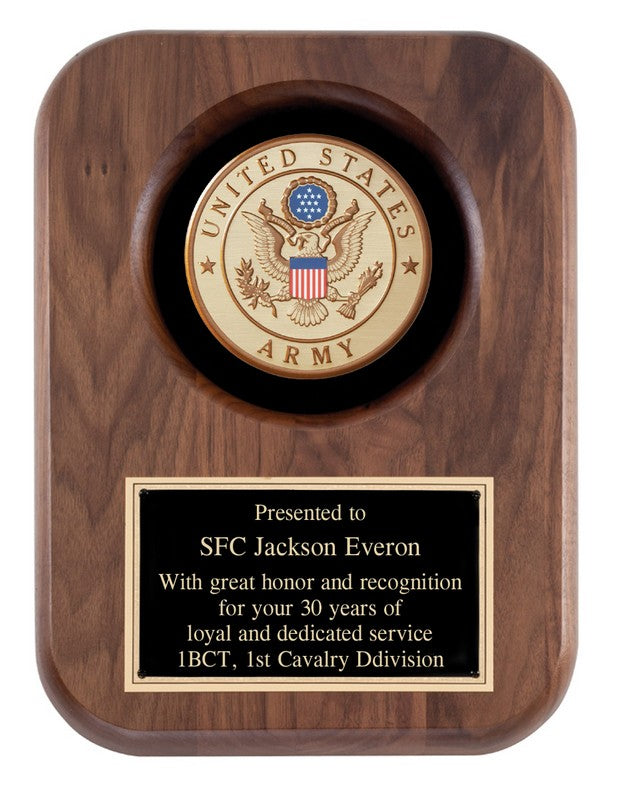 Wooden plaque with United States Army emblem and personalized text on a white background