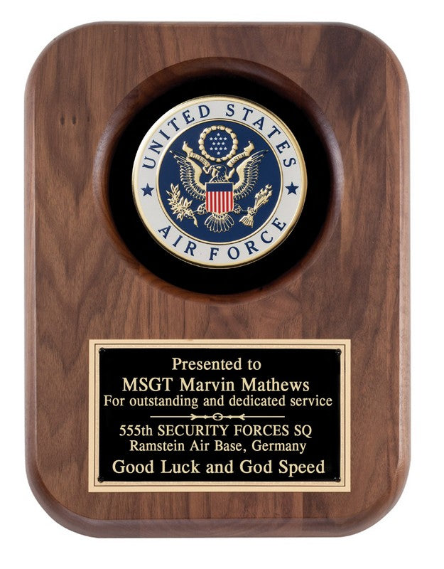 Wooden plaque with United States Air Force emblem and personalized message