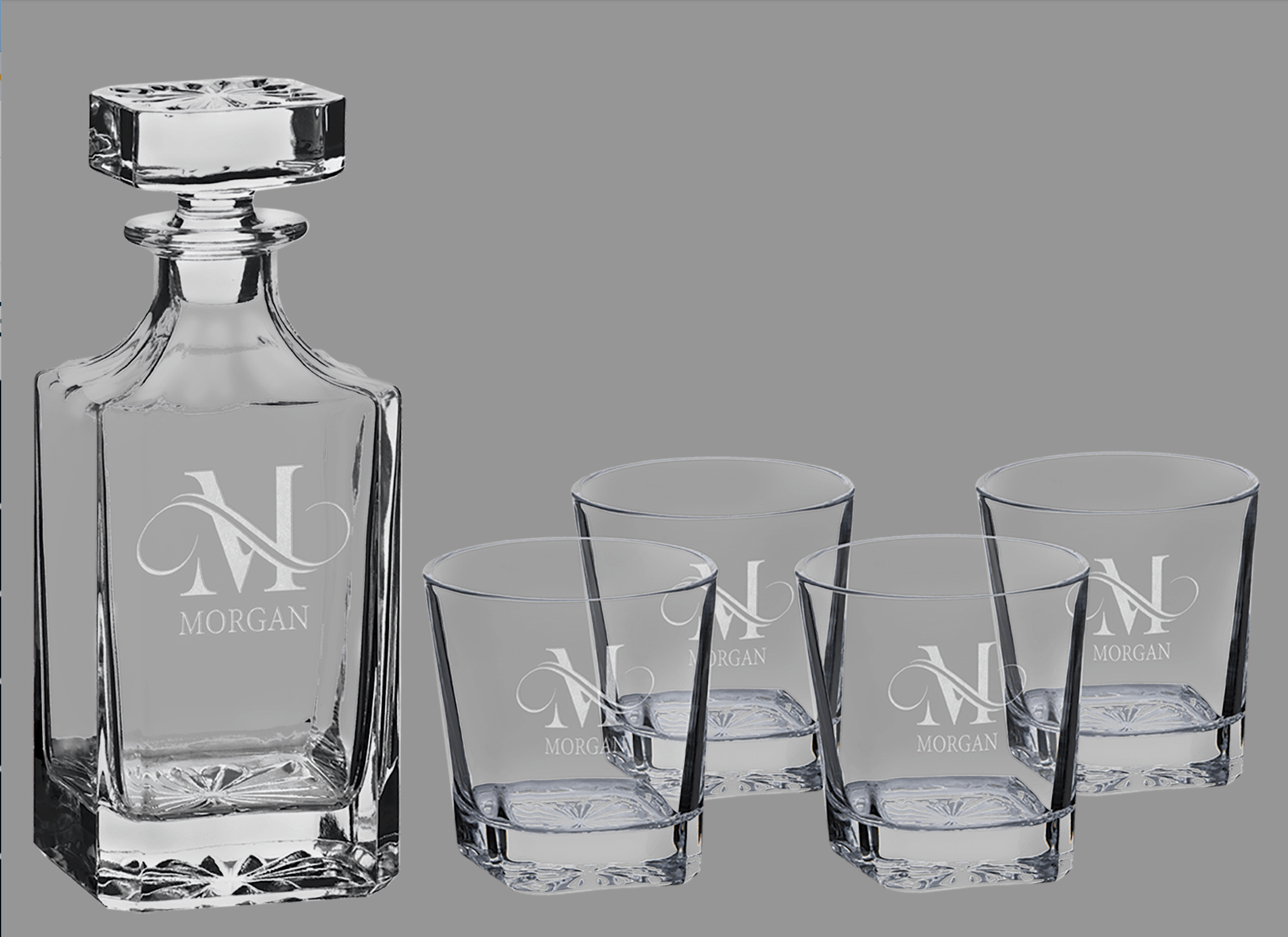Etched square decanter with 4 square rocks glasses