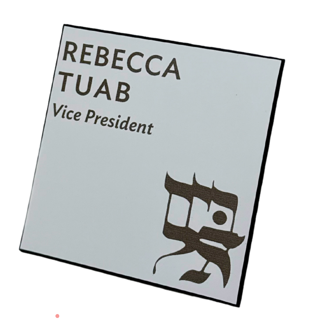 White name badge 2 x 2 with black text