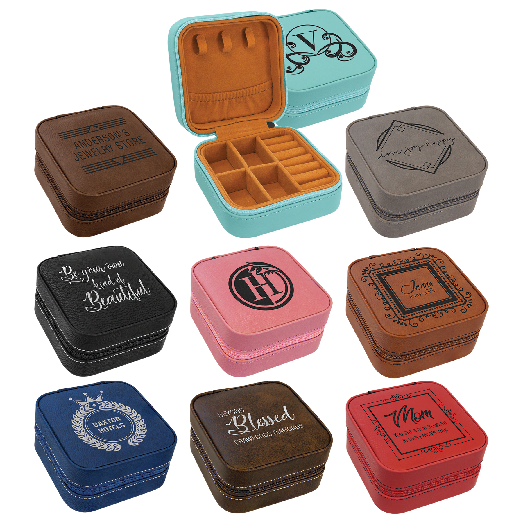 A collection of laserable leatherette travel jewelry boxes with various color options and personalized engravings on the lids.