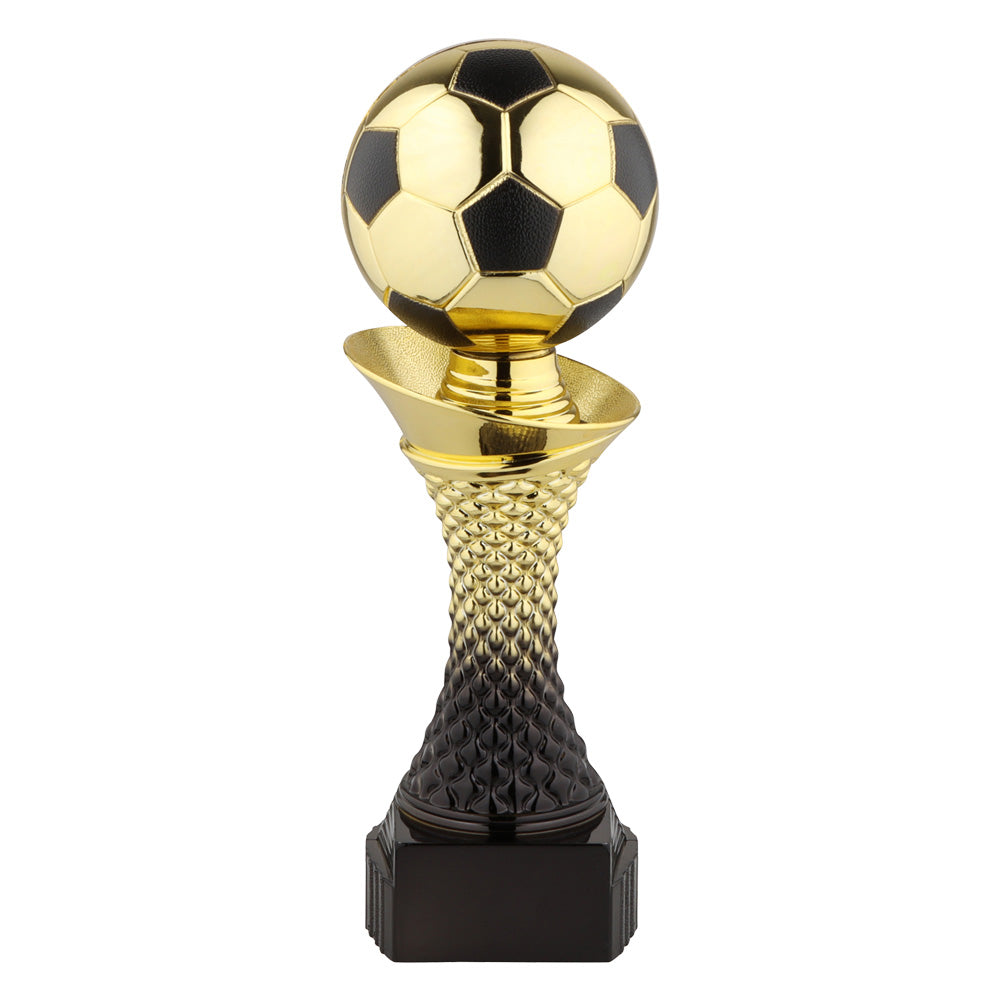 Gold and black trophy with a soccer ball design on a white background