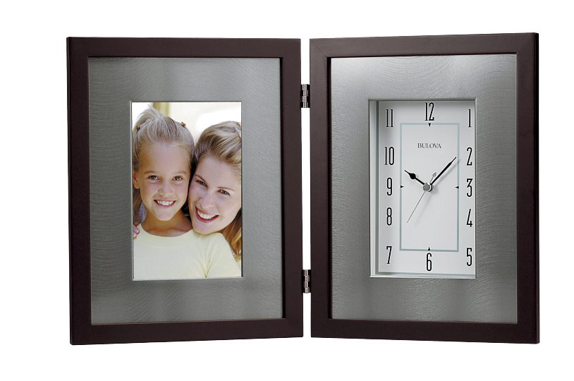 Double frame with photo on one side and clock on the other, featuring Bulova brand.